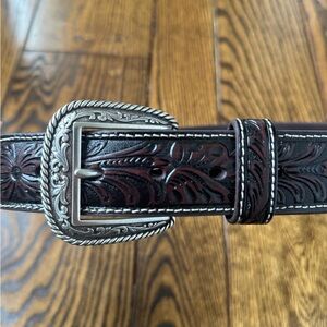 ARIAT Dark Brown Leather Western Belt with Floral & Ostrich Design